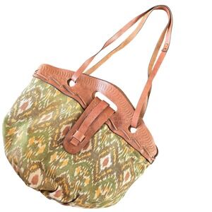 Patricia Nash Boho Woven Leather Trim Shoulder Bag Green Geometric Pattern